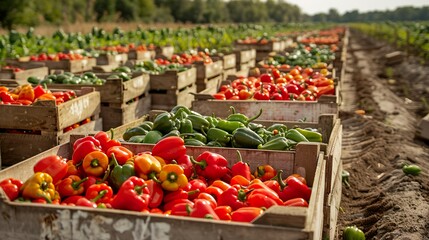 Fresh harvested sweet paprika peppers in boxes in the field made with AI generative technology