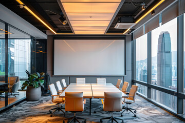 Empty modern meeting room with a projector screen is awaiting a team of business professionals in a high rise office building