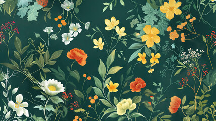 minimalist Luxurious green chinoiserie design with detailed forest plants and blooming flowers, vintage-inspired, intricate and elegant floral patterns