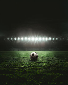 a soccer ball on green field with blur stadium at background