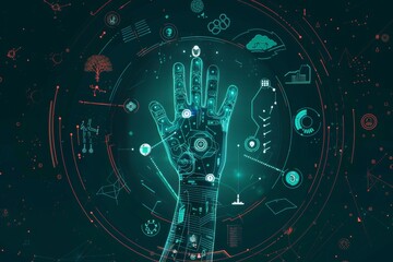 cyan neon data visualization with a hand and symbols around on dark background