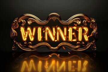 WINNER word yellow golden neon sign vintage style lightning on dark background. Trading and online casino. 