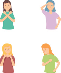 Premenstrual syndrome icons set cartoon vector. Girl expresses negative emotion. Mood swing, cartoon person