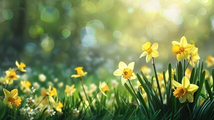 Fototapeta premium Yellow daffodils in a garden spring blooms in a flowerbed yellow flowers in the spring grass spring floral arrangement park flowers ornamental blooms card backdrop floral bouquet