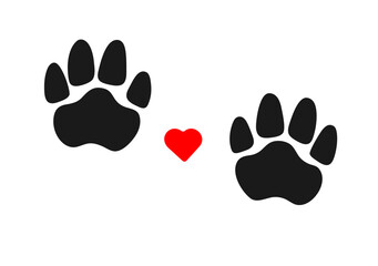 Pet footprints and the heart between them . Paw prints of dogs, cats and other animals . Concept of love for pets , grooming , rescuing or caring for animals. Vector illustration.