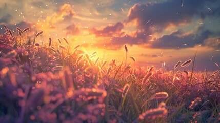 Deliberately honing in on the act of gently crushing grass flowers swaying in the wind under the familiar sunset evokes a sense of liberation and vitality Amidst the beauty of the grass flo