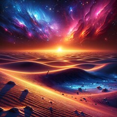 A solitary figure stands amidst undulating sand dunes under a spectacular cosmic sky ablaze with swirling colors and stars  (Generative A.I.)