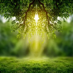 Fototapeta premium Green grass surface, leaves, branches, shiny sunlight, blurred green nature background template.
