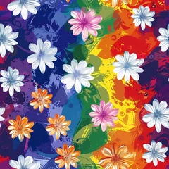 Cyclic seamless repeating pattern of colorful flowers on a vibrant background.
