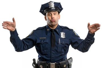 Confused Police Officer Shrugging their Arms to Brush off their Mistake, Cop and Civil Servant Portrait, Isolated Security on White Background