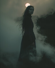 Fototapeta premium hauntingly beautiful portrait of a melancholic vampire woman, moonlit night with swirling mist and somber mood