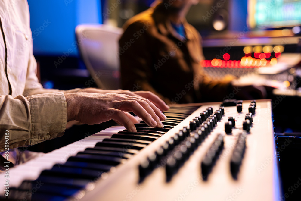 Poster male singer playing notes on electronic keyboard piano in music recording studio, producing a new hi