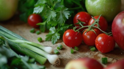 Close up of fresh vegetables and fruits on a wooden surface green onions cherry tomatoes and apples for meal preparation