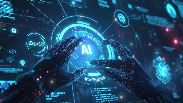 Artificial intelligence technology concept. Abstract digital human character touching virtual screen with "AI". 4K Videos