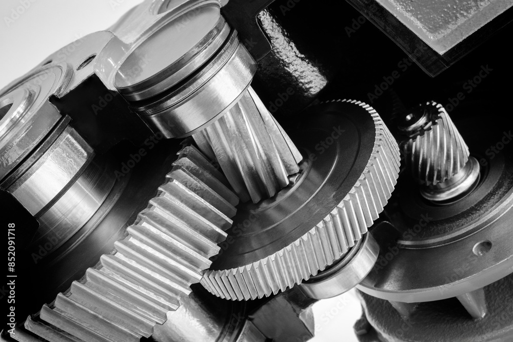 Poster A close up of a set of gears with a black background. The gears are all different sizes and are all connected to each other. Concept of complexity and interdependence