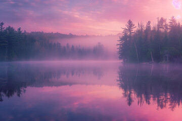 Fototapeta premium serene lakeside scene captured at dawn where mist rises over still waters, surrounded by a tranquil forest