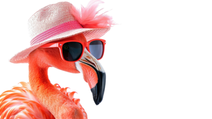 Flamingos with sunglasses and a hat on a transparent background