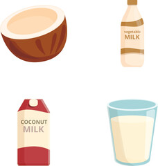 Vegetarian milk icons set cartoon vector. Vegan milk in carton box, bottle, glass. Lactose free drink