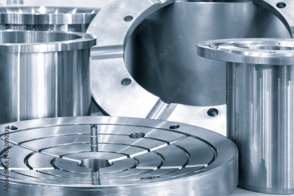 Poster a collection of metal parts, including a round piece with a hole in the middle. concept of precision
