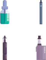 Vaping cigarette icons set cartoon vector. Electronic cigarette accessory. Alternative smoking