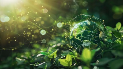 Green energy concept depicted by Earth icon on Network connection, representing sustainable and ethical business practices in ESG.