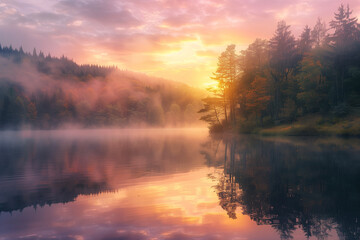 serene lakeside scene captured at dawn where mist rises over still waters, surrounded by a tranquil forest and vibrant sunrise