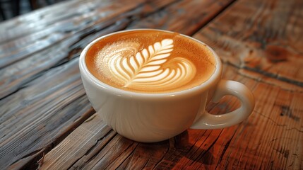 Photorealistic Latte with Intricate Floral Foam Art on Rustic Wooden Table