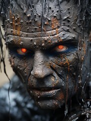 a close up of a mans face covered in mud