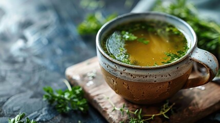 Vegetable broth served in a ceramic mug