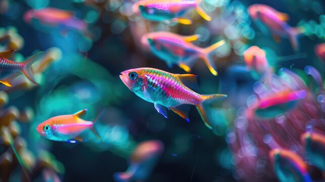 Vibrant neon fish in a freshwater aquarium
