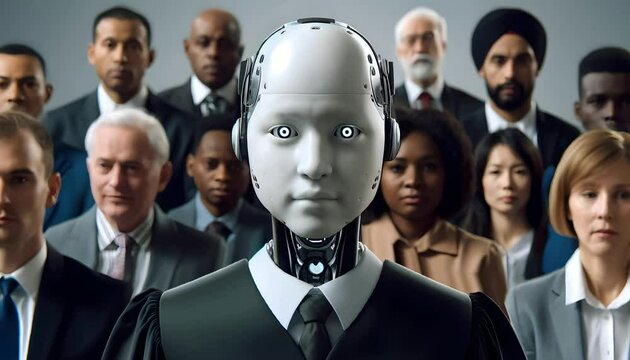 Realistic picture of a robotic judge with diverse individuals, illustrating the fear of AI-induced bias and discrimination.