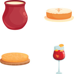 Spanish food icons set cartoon vector. Traditional spanish cuisine dish. Mediterranean cuisine