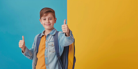 Happy, cheerful schoolboy of European appearance standing against bright background and showing thumb up, Back to school concept, advertising banner