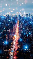 Obraz premium Futuristic Cityscape with Internet of Things Connectivity and Digital Network at Night