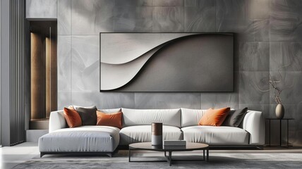 Modern Living Room with Three-Dimensional Poster, Sofa, and Artistic Design Elements