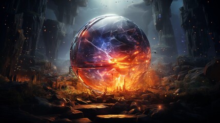A Mystical Glowing Energy Sphere Suspended in a Fiery Landscape