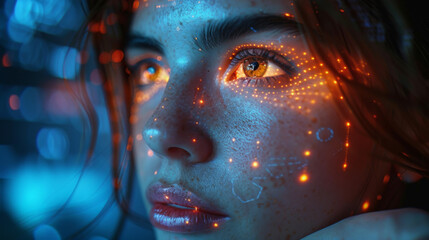 Digital technology, internet network connection, big data, digital marketing IoT internet of things. Woman using modern computer surfing internet futuristic metaverse, innovative technology background