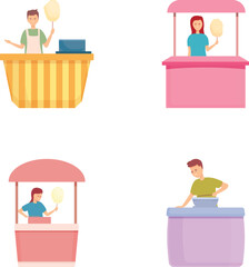 Food cart icons set cartoon vector. Seller of cotton candy near trolley. Amusement park