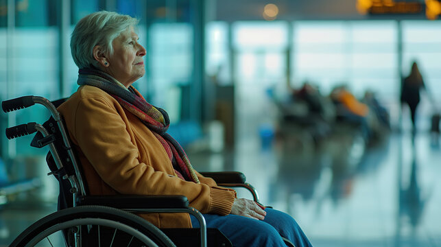 elderly woman in a wheelchair at an airport, waiting for her flight, feeling lonely and isolated from others due to her limited mobility or pain, struggling with physical challenges while traveling