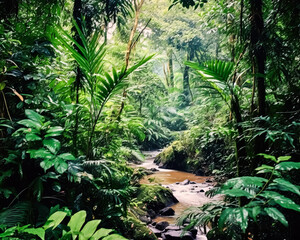 Obraz premium A lush green jungle with a stream running through it.