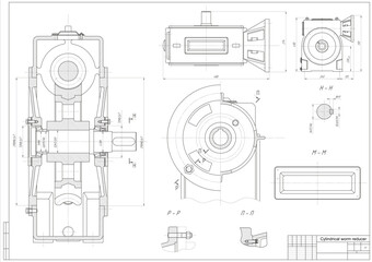 Vector assembly drawing of cylindrical worm reducer. 
Steel mechanical device with shaft, gear, electric engine, 
bolted connection and dimension lines. 
Engineering cad scheme. Technical template.