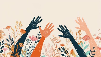 A colorful drawing of hands with flowers and leaves.