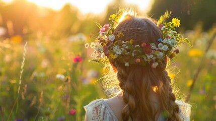 A young girl wearing a beautiful flower wreath is seen outdoors against a sunny backdrop her back to the viewer The floral crown she dons represents the vibrant energy of the summer solstic