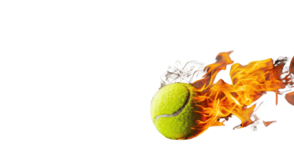 Burning tennis ball on transparent background