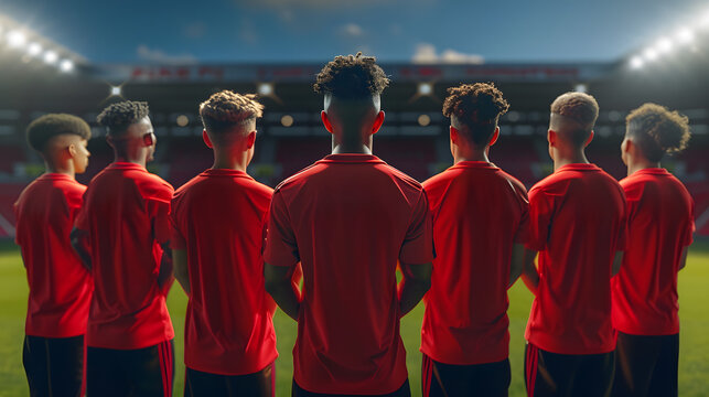 football team stand in a lineup on the field, preparing for a match in large stadium. The players, dressed in red uniforms focused on the game ahead, with the stadium filled with spectators