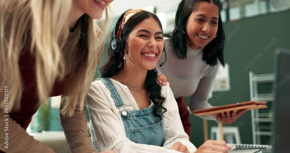 Poster Startup, team and happiness in office with computer, wow and promotion in crm with headset. Women, teamwork and winner for sale with yes, success and collaboration for communication with technology