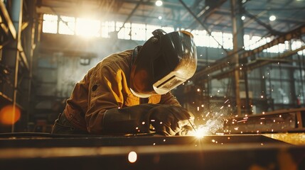 Welder Working in Industrial Factory with Sparks
