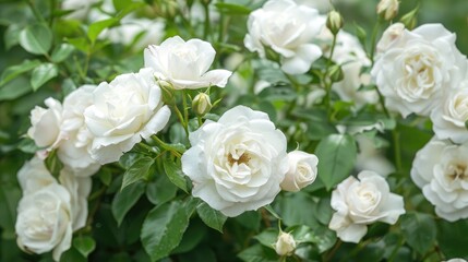 Obraz premium White roses in full bloom in the garden against a white backdrop