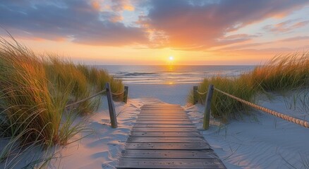 Wooden Pathway Leading to a Sandy Beach During Sunset