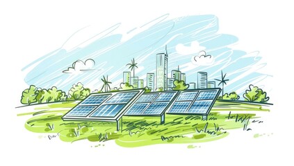 A drawing of a city with a large number of solar panels.